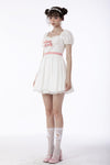 White lace heart pink bow silky dress DW670