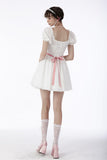 White lace heart pink bow silky dress DW670