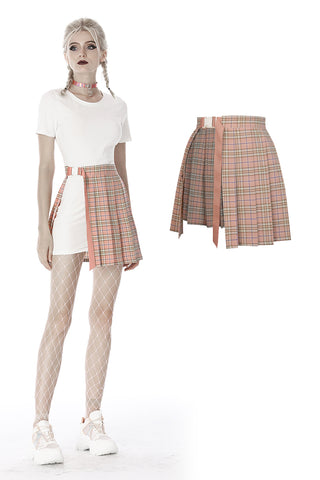 Pink checked hollow out pleated short skirt KW171 - Gothlolibeauty