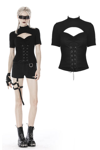 Punk hollow chest lace up short sleeves T-shirt TW270 - Gothlolibeauty