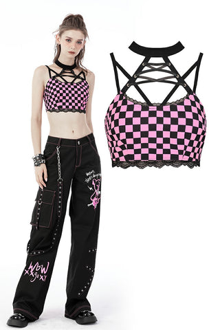 Rebel racer black pink plaid halter crop top TW412